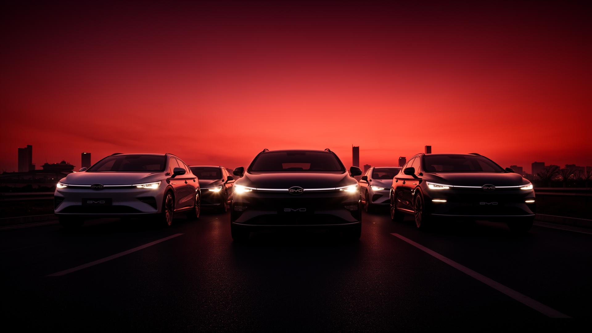 BYD electric vehicle lineup at sunset
